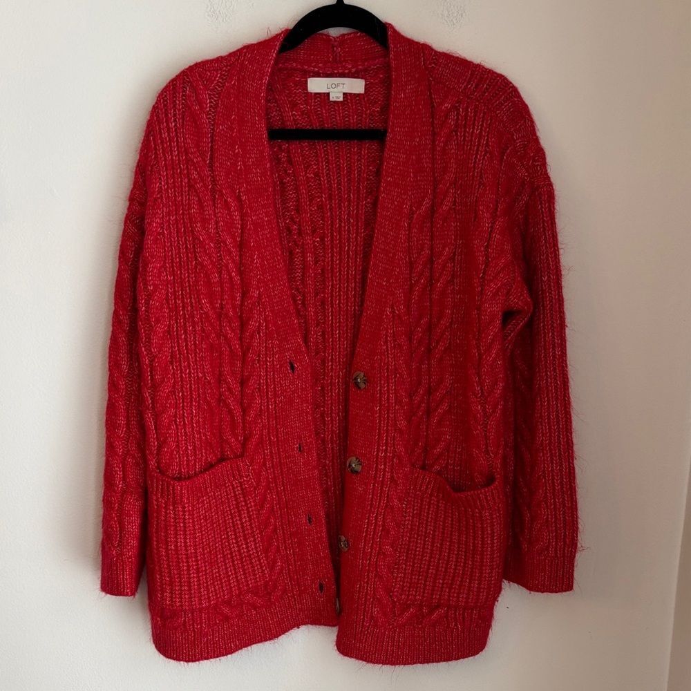 LOFT Vibrant Red cardigan cable Knit button front oversized sweater women medium